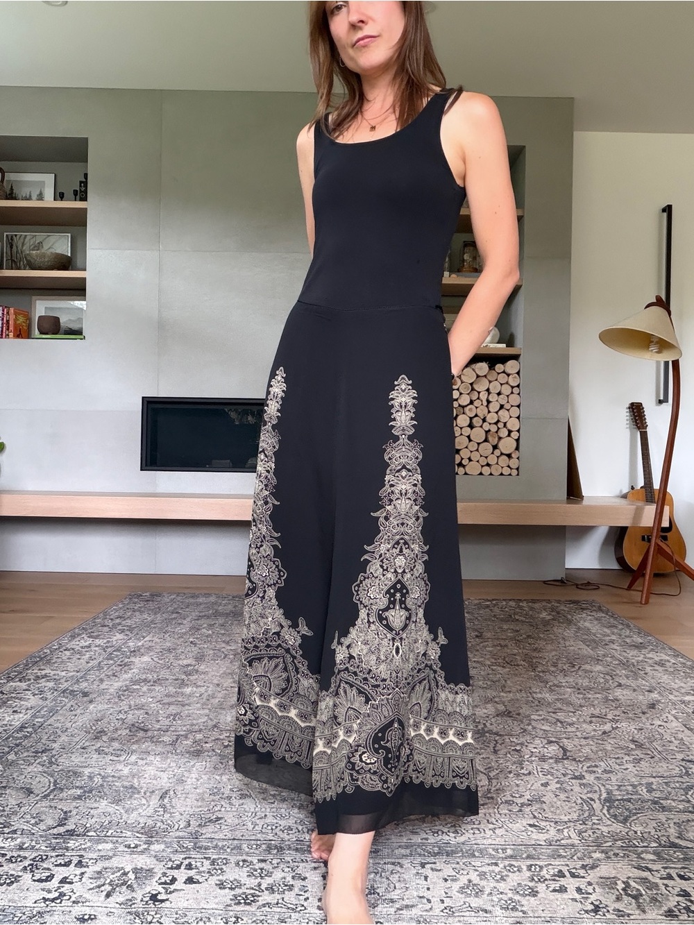 Vintage 100% silk Black Maxi skirt hankerchief hem whimsical paisley accent - Picture 3 of 16